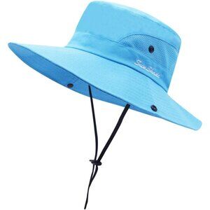 Unisex Sky Blue Polyester Wide Brim Mesh Vent Chin Strap Classic Cowboy Hat